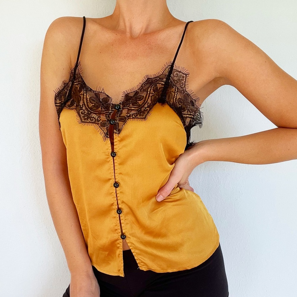 SHEIN mustard yellow satin black eyelash lace button top size XS